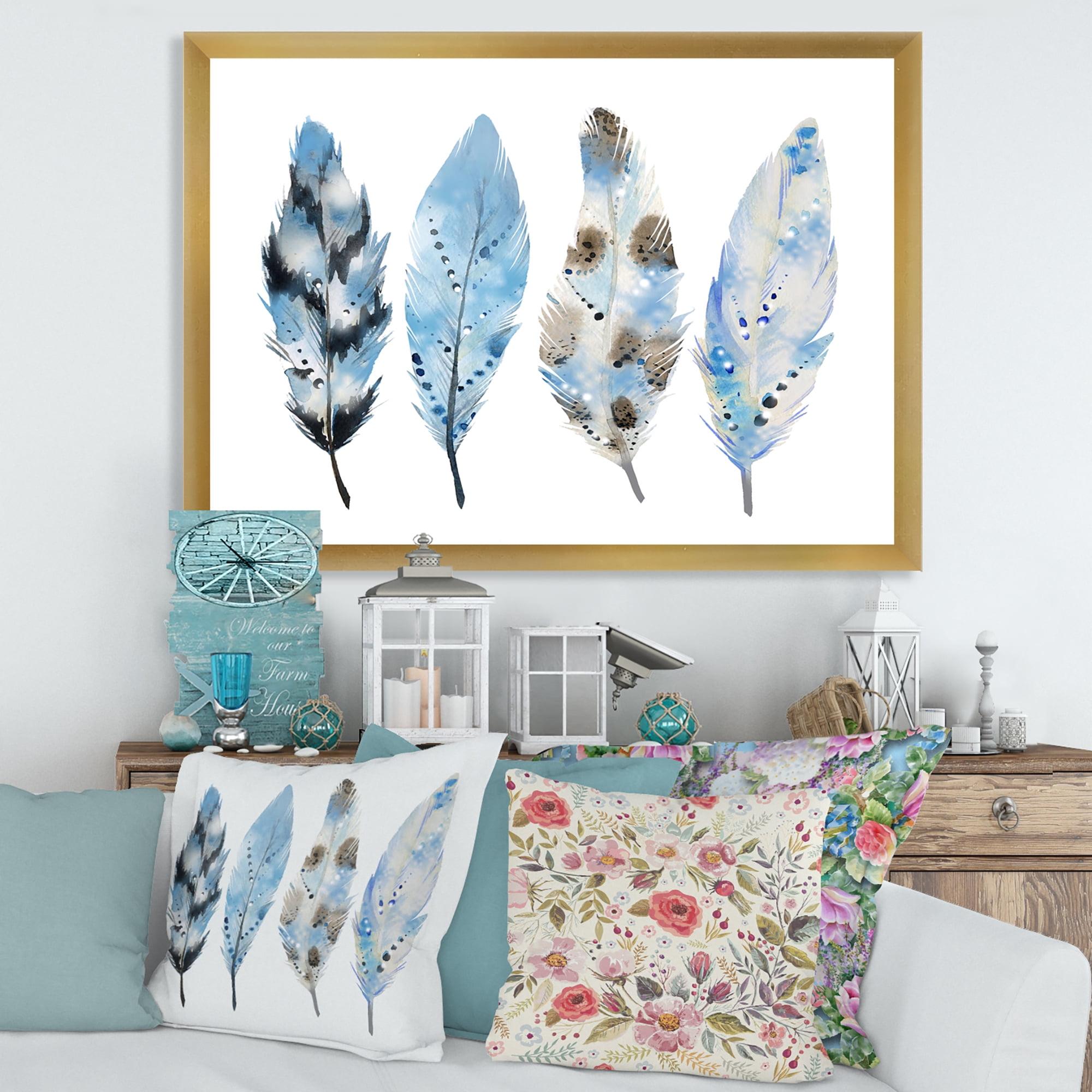 Designart 'Abstract Blue Boho Feathers I' Bohemian & Eclectic Framed Art Print