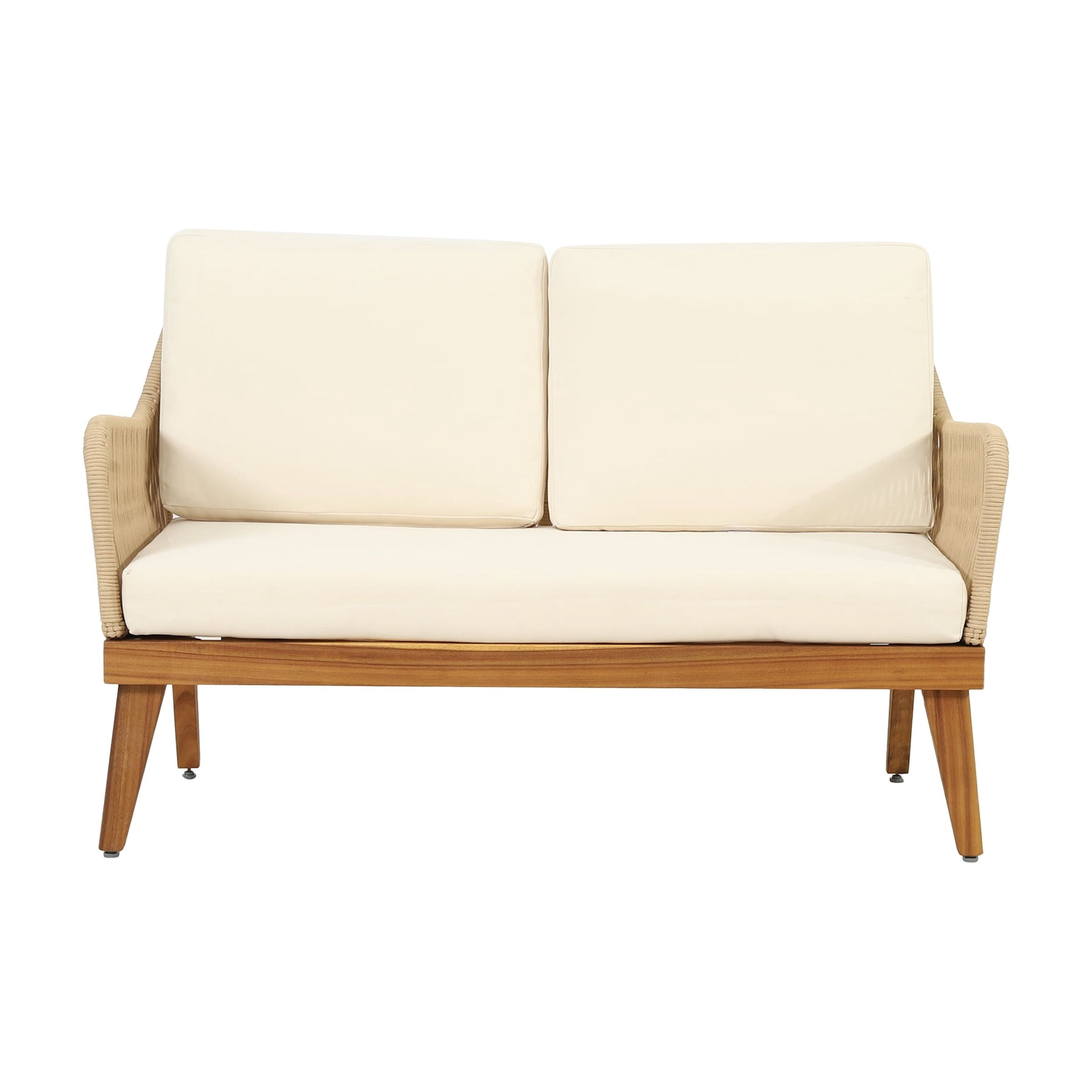 Outdoor 4 Piece Conversation Furniture Set, Acacia Wood with Rope Detail and Water Resistant Cushions for Patio, Teak and Beige