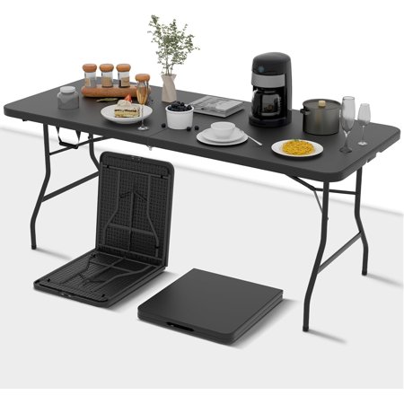 Folding Table 6Ft, Portable Party Tables for Outdoor/Indoor, Heavy Duty Foldable Table 6 Ft Long, No Need Assembly Fold-in-Half Plastic Resin Table for Banquet, Event, Camping, Black
