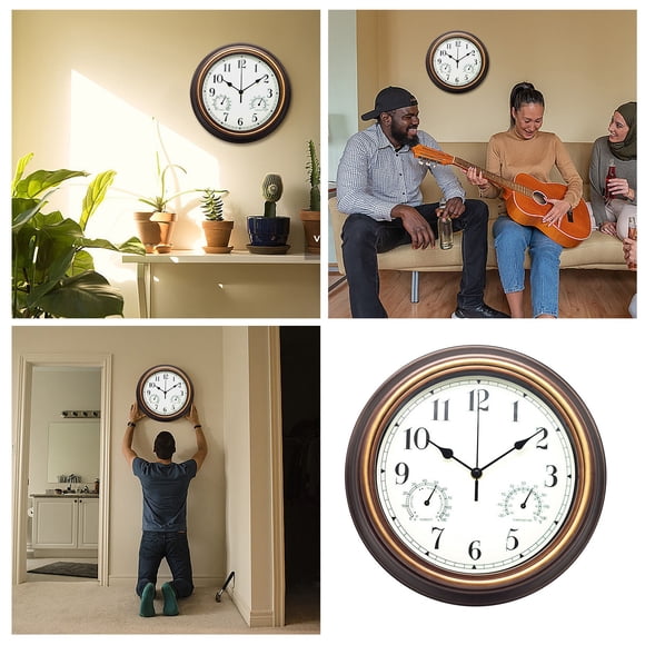 LPSSTORE 12 Inch Outdoor Wall Clock Wall Clock with Temperature and Humidity Large Wall Clock Silent Wall Clock in Courtyard Garden Bathroom