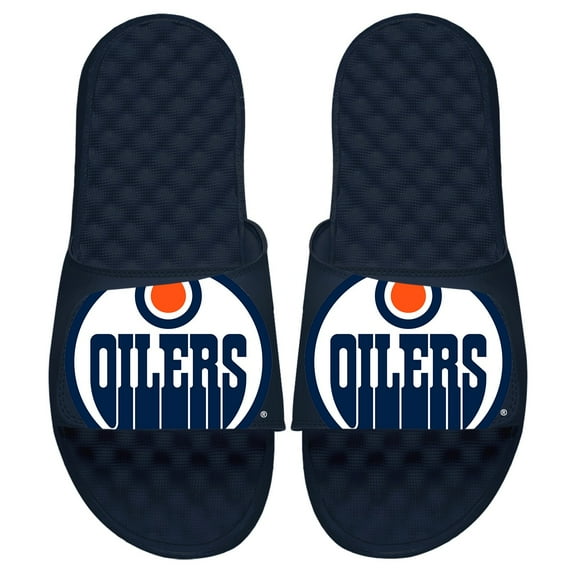 Men's ISlide Navy Edmonton Oilers Blown Up Logo Slide Sandals