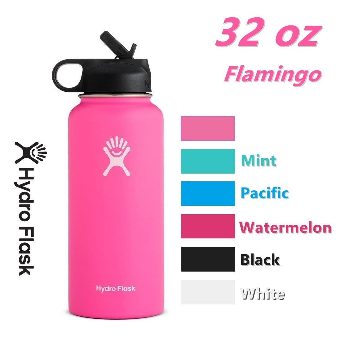 Black Double Wall Vacuum Insulated Stainless Steel Water Bottle Tumbler Travel Mug Flamingo 32 oz 