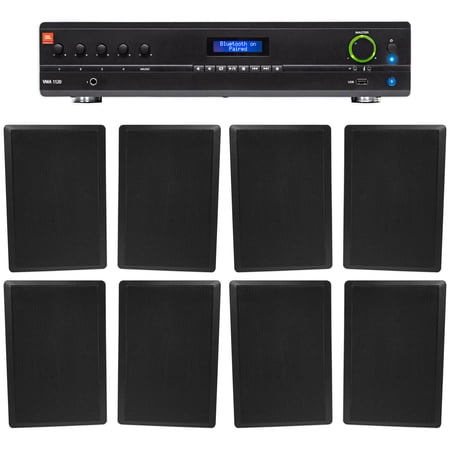 JBL Commercial Amplifier+(8) Slim Black Wall Speakers for Restaurant/Bar/Cafe