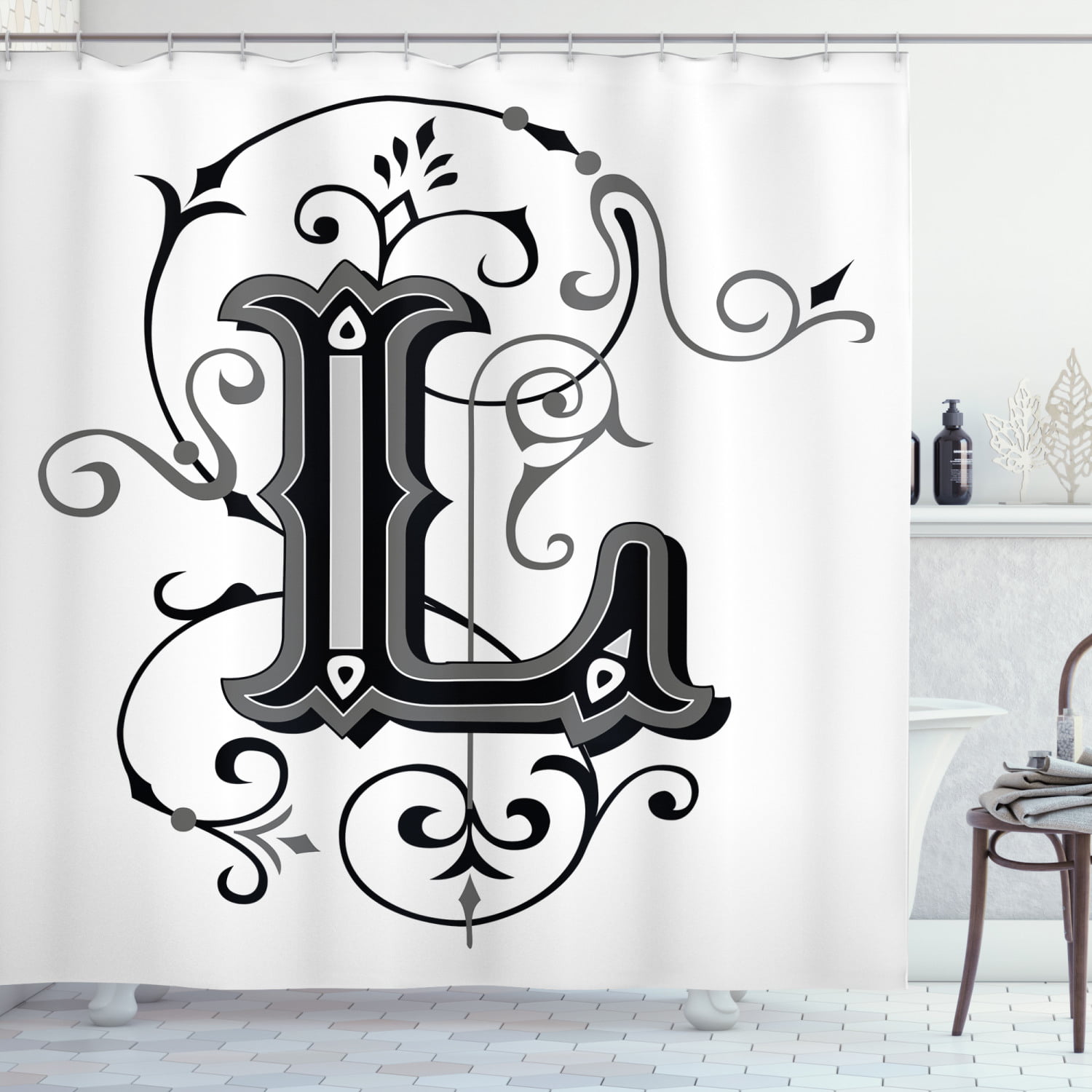 Letter L Shower Curtain, Ornated Capital L Calligraphy Initials. 