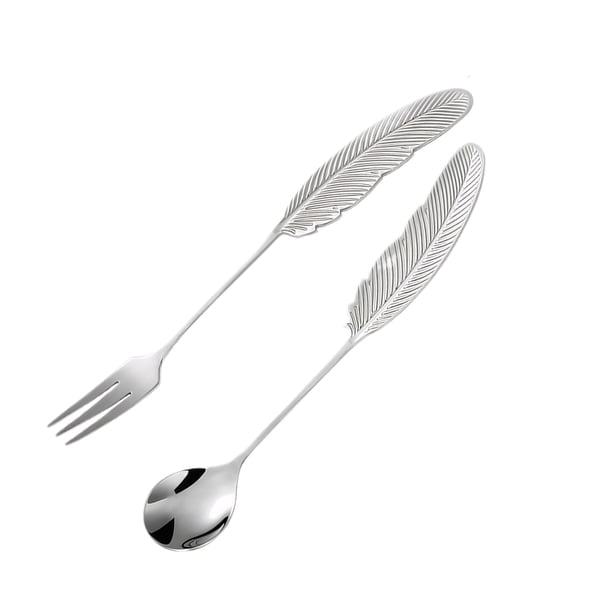 Advancent Juego de tenedores de acero inoxidable de 2 piezas con mango en forma de pluma, imprescindible para mochileros, tenedor de titanio Mostrada Plata