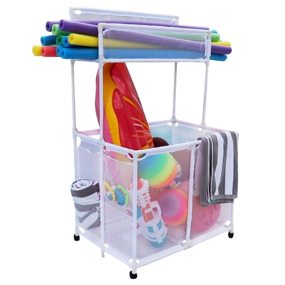 Bacs de Piscine Organisateur d'Équipement de Rangement de Piscine Support - Nouilles, Jouets, Balles et Flotteurs en Maille à Roulettes à Deux Niveaux Bin, Grand avec Porte-Nouilles, (23 Pouces L x 35.3 Pouces L x 59.4 Pouces H), Blanc