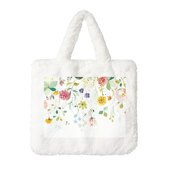 Yiaed Wildflowers Print Fluffy Shoulder Bag Plush Bags Women Ladies Tote Bag Fluffy White Furry Purse Handbag for Autumn and Winter
