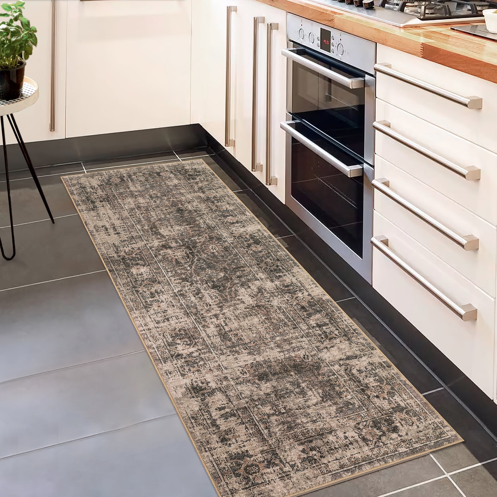 FairOnly Red Brown Oriental Distressed 2'x6' Runner Rugs Vintge Non Slip Low Pile Carpet for Hallway Bathroom Kitchen Bedroom