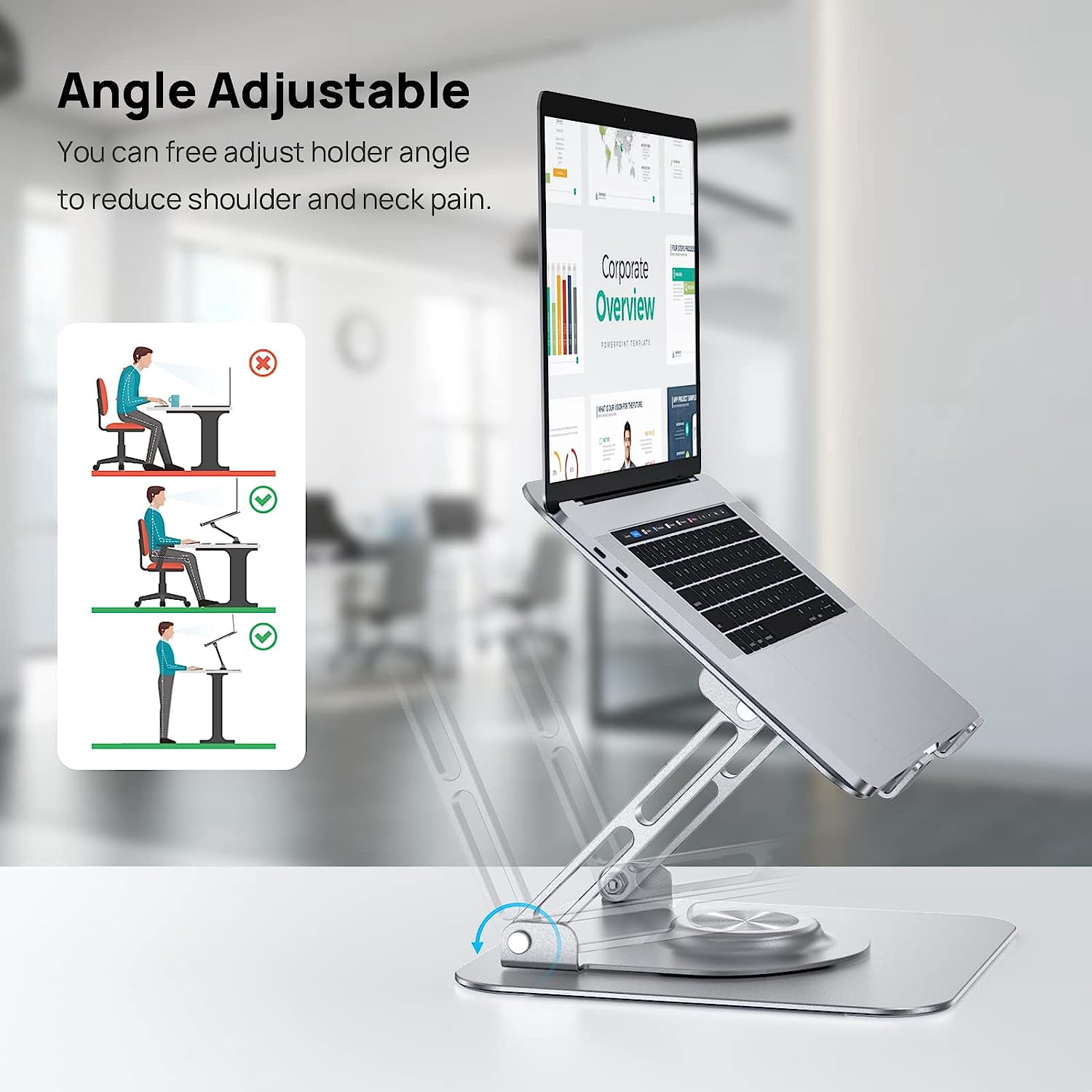 AUBEAMTO Adjustable Laptop Stand with 360° Rotating Heavy Base, Ergonomic Laptop Riser for Desk, Stable Laptop Holder for Collaborative Working, Suit for 10-15.6" PC Computer, Dual Shaft, Silver