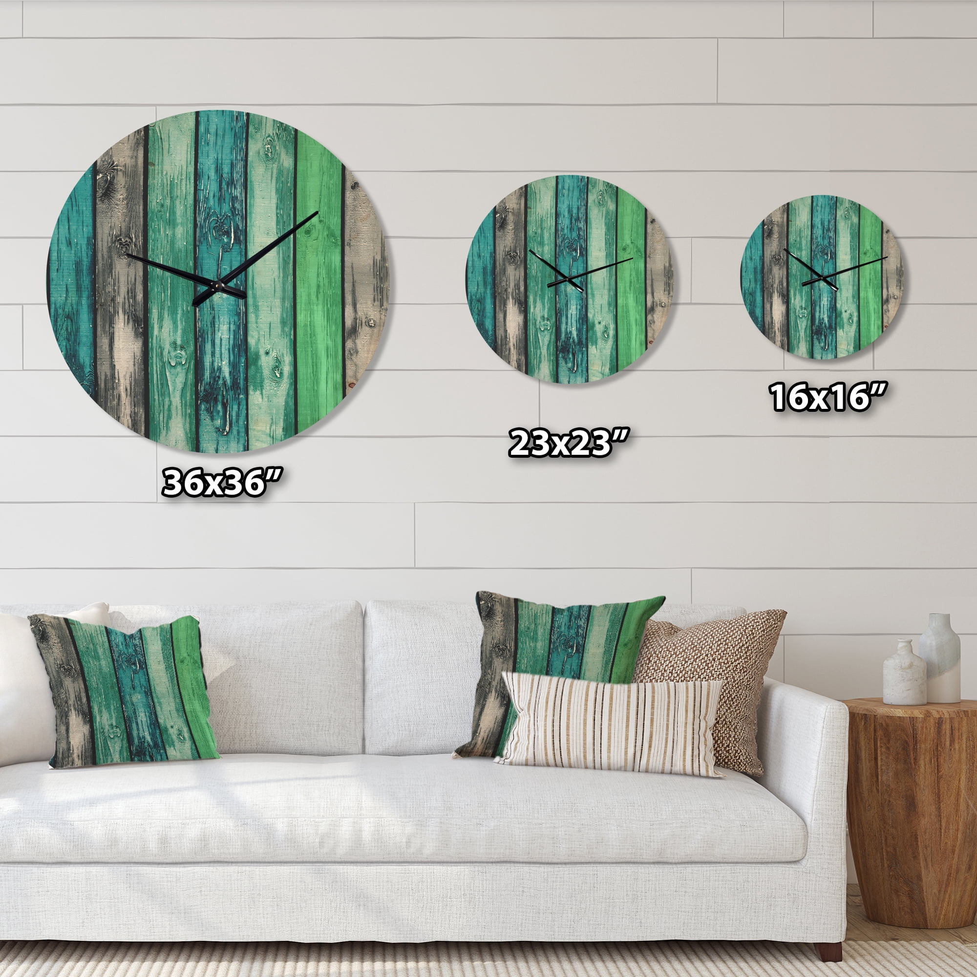 Designart 'Green and Blue Painted Wooden Planks ' Farmhouse Wood Wall Clock