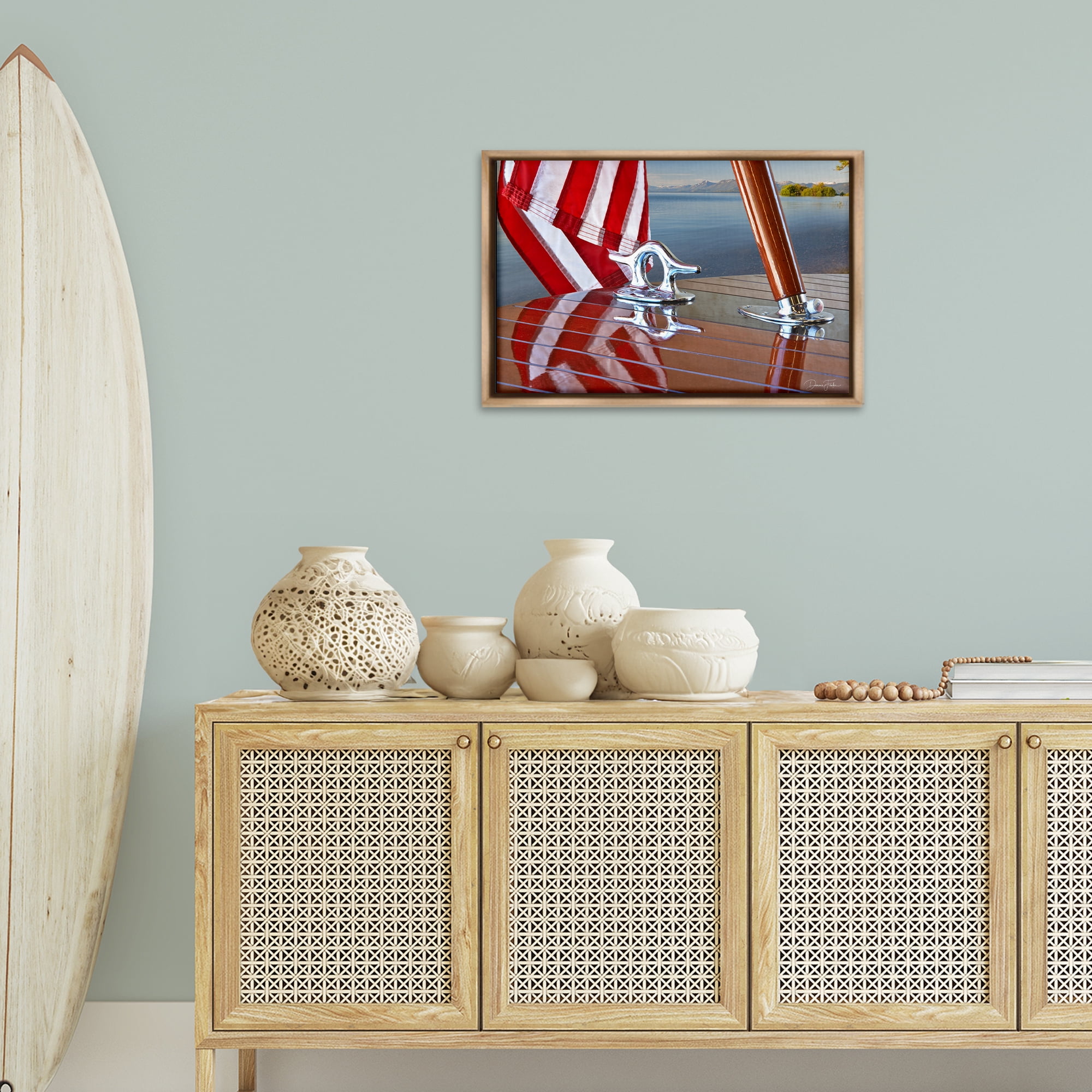 Stupell Industries Flag On Boat Hull Transportation Photography Brown Floater Framed Canvas Art Print Wall Art, 25 x 17