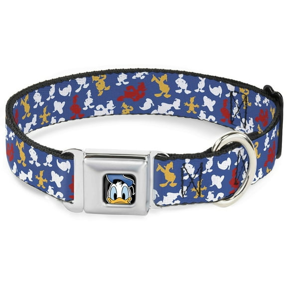 Disney Pet Collar, Dog Collar Metal Seatbelt Buckle, Donald Duck Face Poses Scattered Blue White Red Yellow, 9.5 to 13 Inches 1.0 Inch Wide