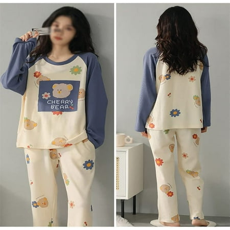 

QWZNDZG Sleepwear Women s Cotton Nightie Pjamas Pajamas for Women Pajama Sets Autumn Winter Waffle Print Nightwear Suit (Color : B Size : L)