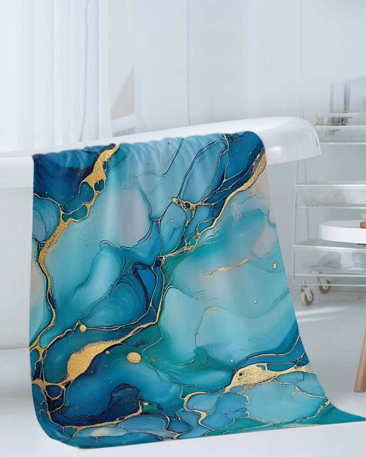 Modern Turquoise Towel Set of 3, Soft Microfiber Bath Towels, Hand Towel, Washcloths, Abstract Teal Gold Marble Textured Quick-Dry Absorbent Towels for Bathroom Kitchen Hotel Beach Gym Spa