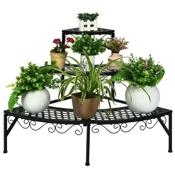 Spaco 3 Tier Metal Corner Plant Display Rack, Plant Stand for Outdoor, Quarter Round Plant Display Rack, Black
