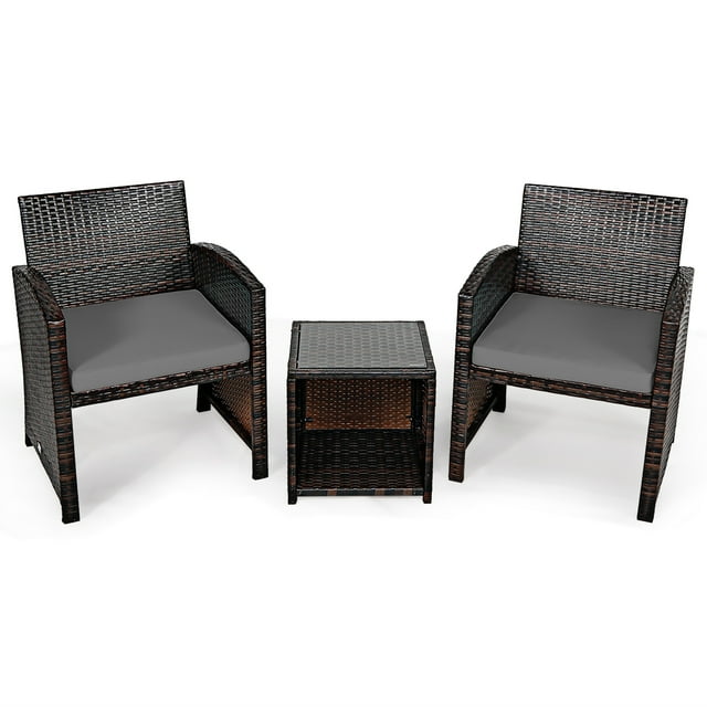 Gymax 3PCS Rattan Patio Conversation Furniture Set Yard Outdoor w/ Grey Cushions