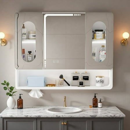 35" W x 28" H 3-Door LED Lighted Medicine Cabinet with Mirror, Defogger, Cosmetic Storage Rack, and Tissue Opening