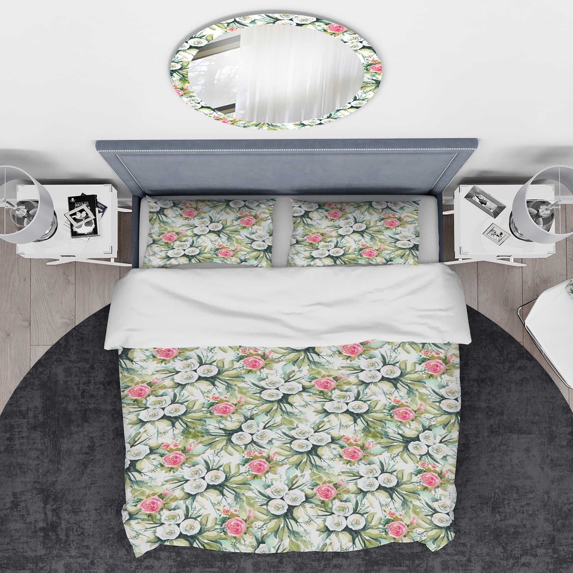 Designart 'White and Red Roses in Pattern' Traditional Duvet Cover Set