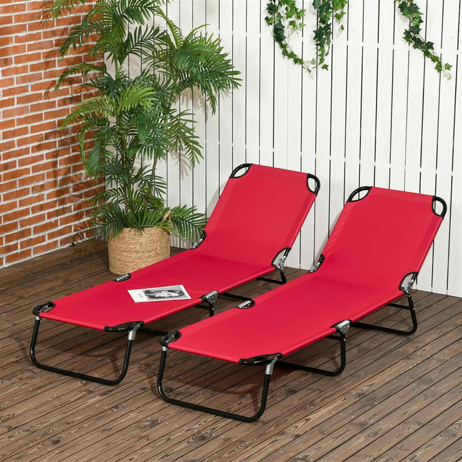 Demi Bonn 2-Piece Outdoor Collapsible Chaise Loungers with Steel Frame, 5-Position Reclining Folding Beach Chairs for Yard, Patio, Red
