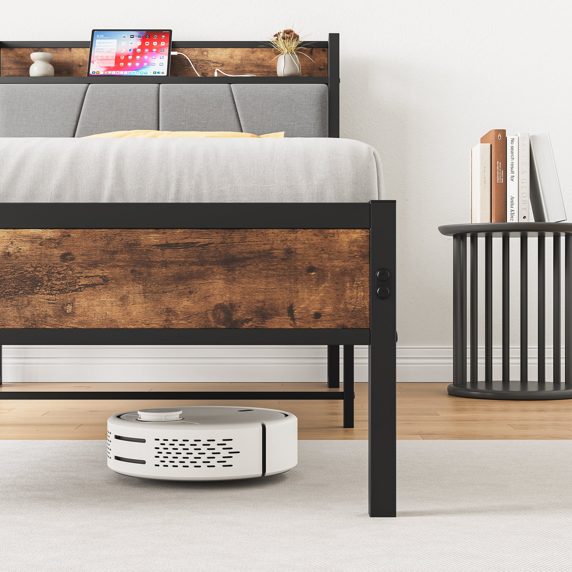 Miniyam Twin Size Upholstered Bed with Storage Headboard & Charging Station for Adult, Brown