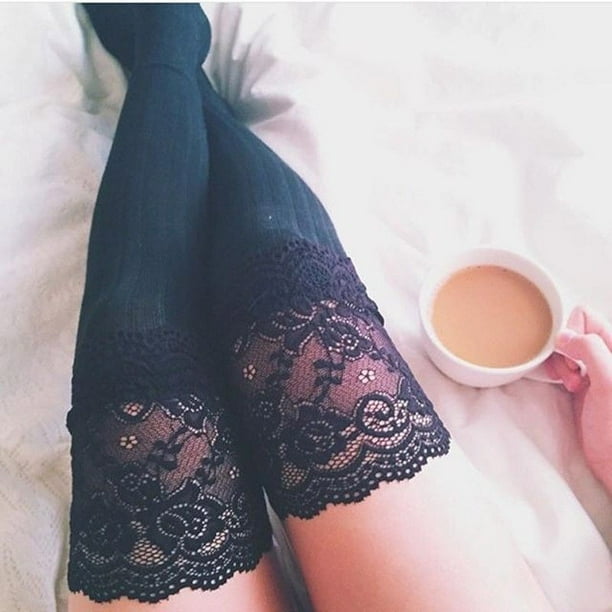 Honganda Women s Sheer Lace Knitting Thigh High Stockings Plus Size Over The Knee Socks Black