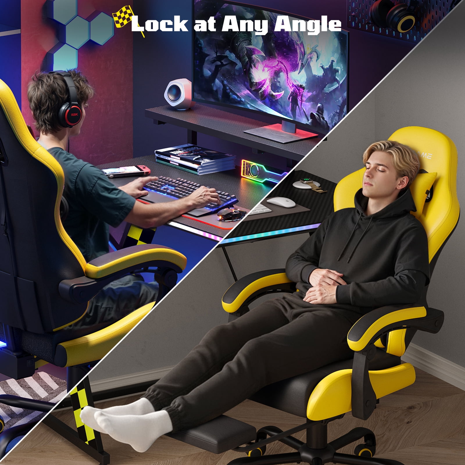RSPGame Ergonomic Gaming Chairs for Adults,Pocket Spring Cushion,PU Leather Office Chairs with Lumbar Support and Retractable Footrest,Home and Office Computer Chairs-Yellow Racing