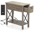 thumbnail image 2 of Side End Tables with Charging Station, BTMWAY Wood Side Table with Storage for Living Room, Farmhouse Modern Bedside Table with Flip Top, X-Shaped, Narrow End Table for Bedroom, Living Room, Gray, 2 of 9