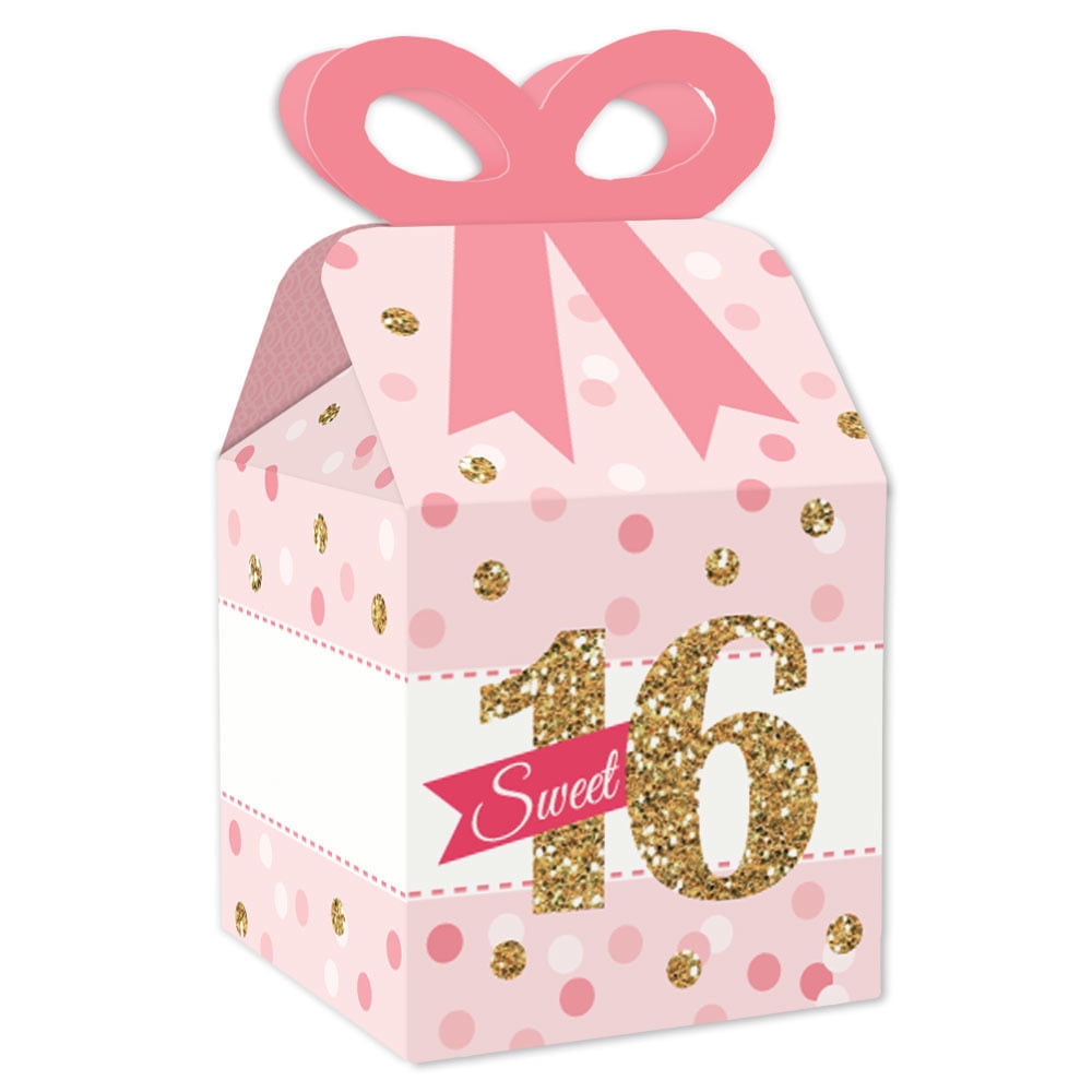 Sweet 16 - Square Favor Gift Boxes - 16th Birthday Party Bow Boxes - Set of 12