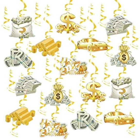 30 Pack(Swrils & Cutouts) Money Birthday Hanging Decorations Dollar Bill Cash Hanging Swirls Investment Themed Decorations for Birthday Casino Wedding Bachelorette Graduations Party Supplies