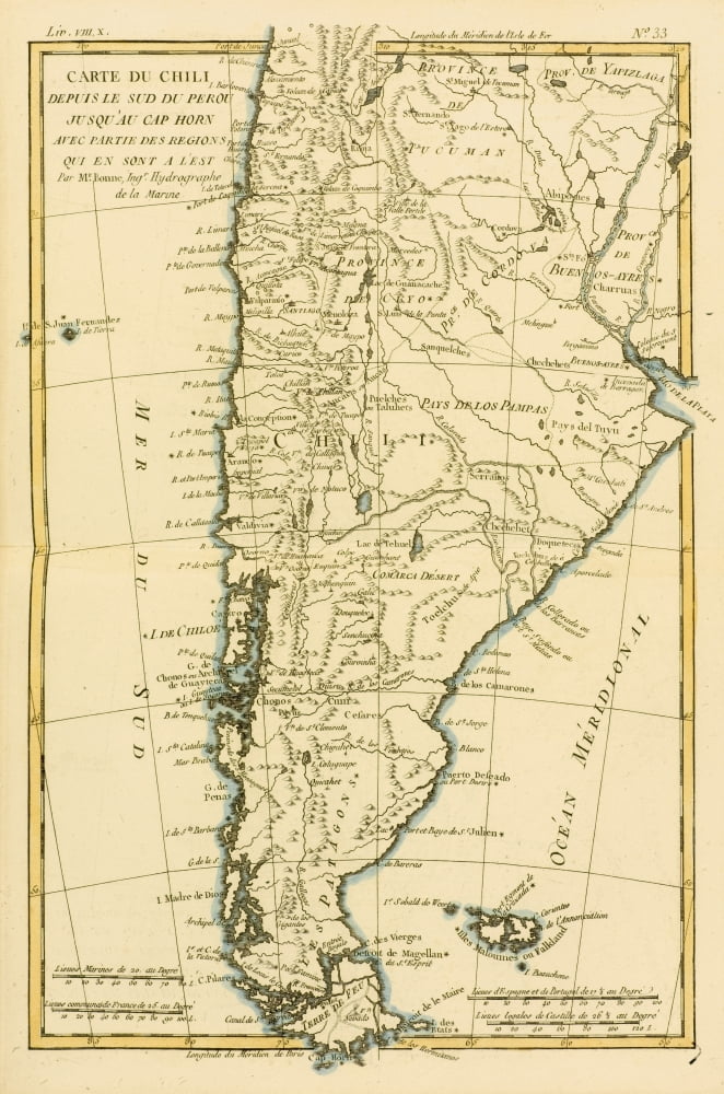Map Of Chil And Southern Peru To Cape Horn Circa1760 From Atlas De Toutes Les Parties Connues Du Globe Terrestre By Cartographer Rigobert Bonne Published Geneva Circa 1760 Canvas Art - Ken Welsh Des