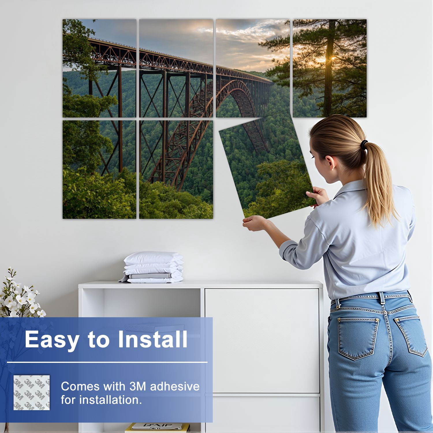 8 Pack Art Acoustic Panels Sound Absorbing Sunset New River Gorge Bridge West Virginia Decorative Soundproof Wall Panels Self Adhesive for Nursery Game Room Bedroom 48"x32"