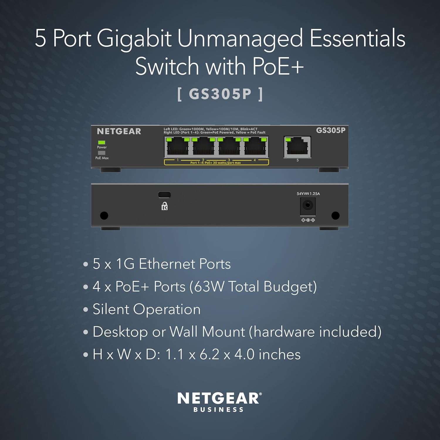 5-Port PoE Gigabit Ethernet Unmanaged Essentials Switch (GS305P) - with 4 x PoE+ @ 63W, Desktop or Wall Mount