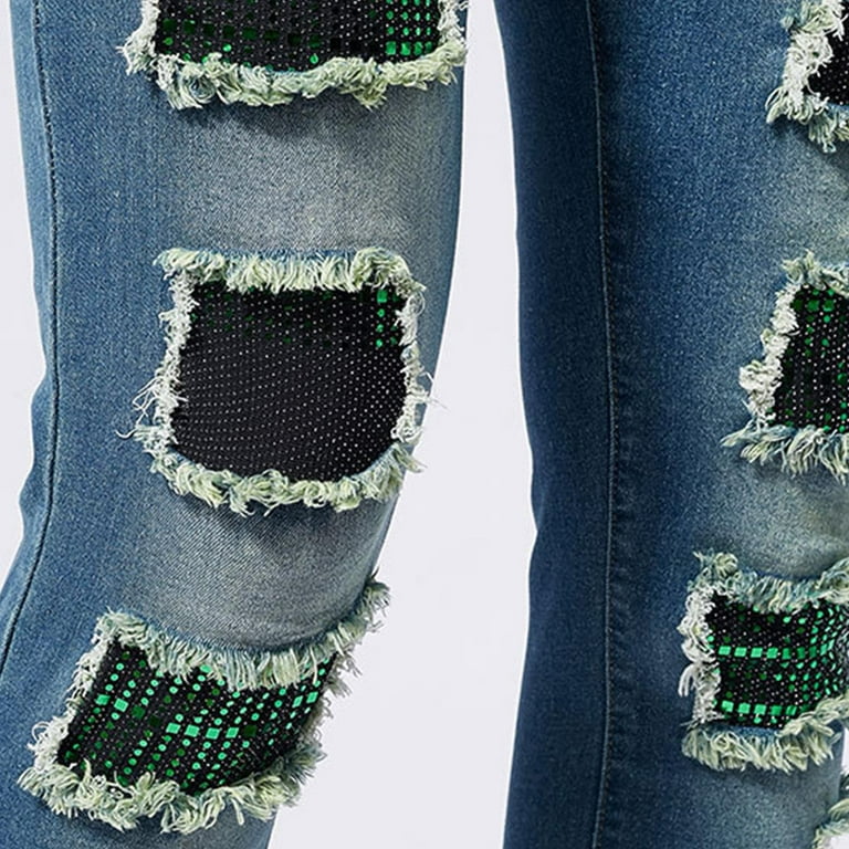 Iugvhana Men's Stretch Skinny Jeans Ripped Sequins Patches Slim