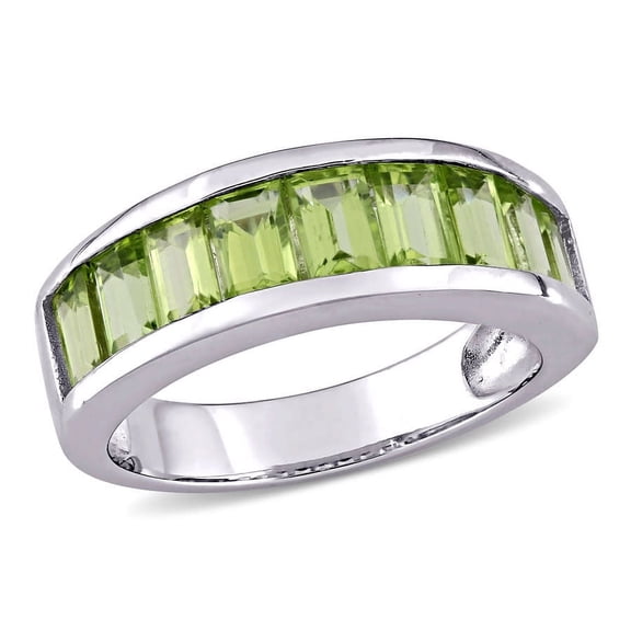 AMOUR 2 3/4 CT TGW Baguette-cut Peridot Semi-eternity Anniversary Band In Sterling Silver