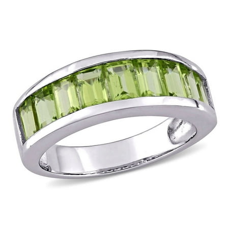 AMOUR 2 3/4 CT TGW Baguette-cut Peridot Semi-eternity Anniversary Band In Sterling Silver