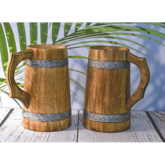 Indian Beer Mug for him-Viking Style 22 OZ Wooden Beer Mug- Drinking Beer Mug Natural Hardwood - Wedding & Birthday Gifts for Him- set of-2- 7 inch