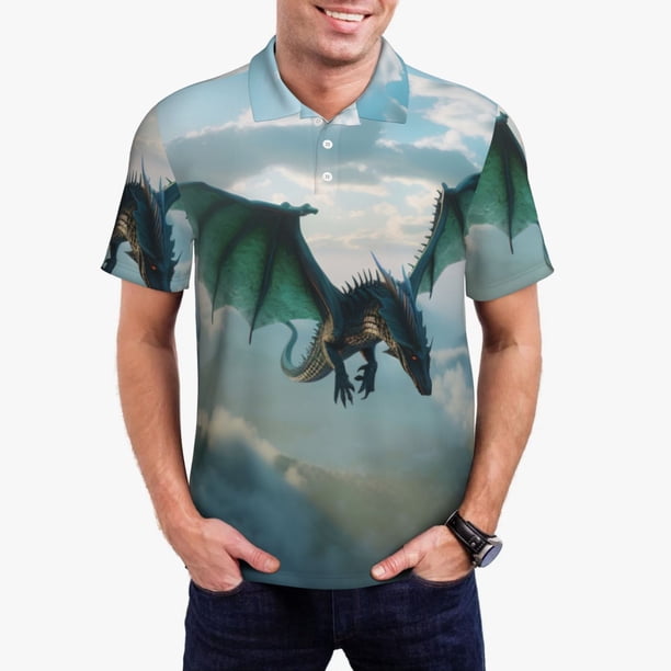 Fotbe Cloud Sky Green Dragon Camiseta Polo de Golf para Hombre con Estampado – Camisa Deportiva Transpirable con Cuello Abotonado-Small