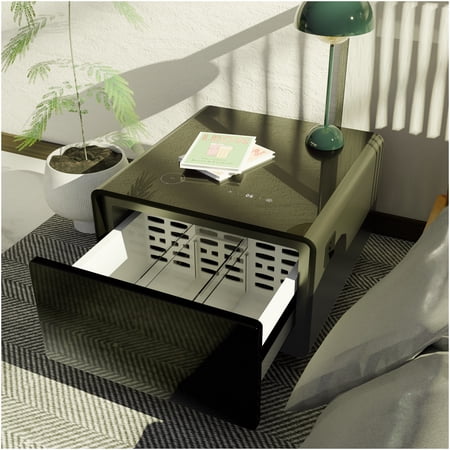 Smart Side Table with Mini Fridge, Wireless Charger, USB Ports, AC Outlets, and Motion Sensor Light for Living Room, Bedroom, Black