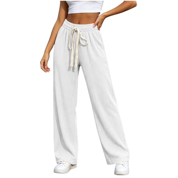 Ltctricy Ribbed Wide Leg Pants for Women Drawstring Comfy Yoga Pants Casual Loose Elastic Waisted Lounge Pants(White,One Size)