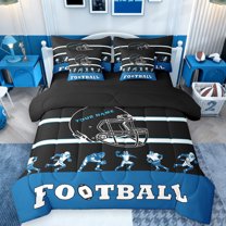 Feelyou Eat Sleep Sports Bedding Comforter Set 7pcs, Black Blue Football Helmet King Bedding Sets, Teens Kids Boys Girls Reversible Bed Sheets, Ultra Soft Bedroom Decor