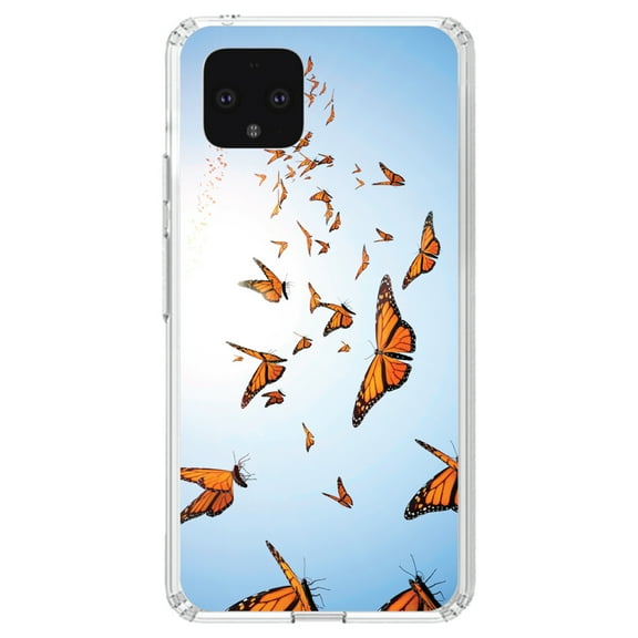 DistinctInk Clear Shockproof Hybrid Case for Google Pixel 4 XL (6.3" Screen) - TPU Bumper, Acrylic Back, Tempered Glass Screen Protector - Flying Monarch Butterflies