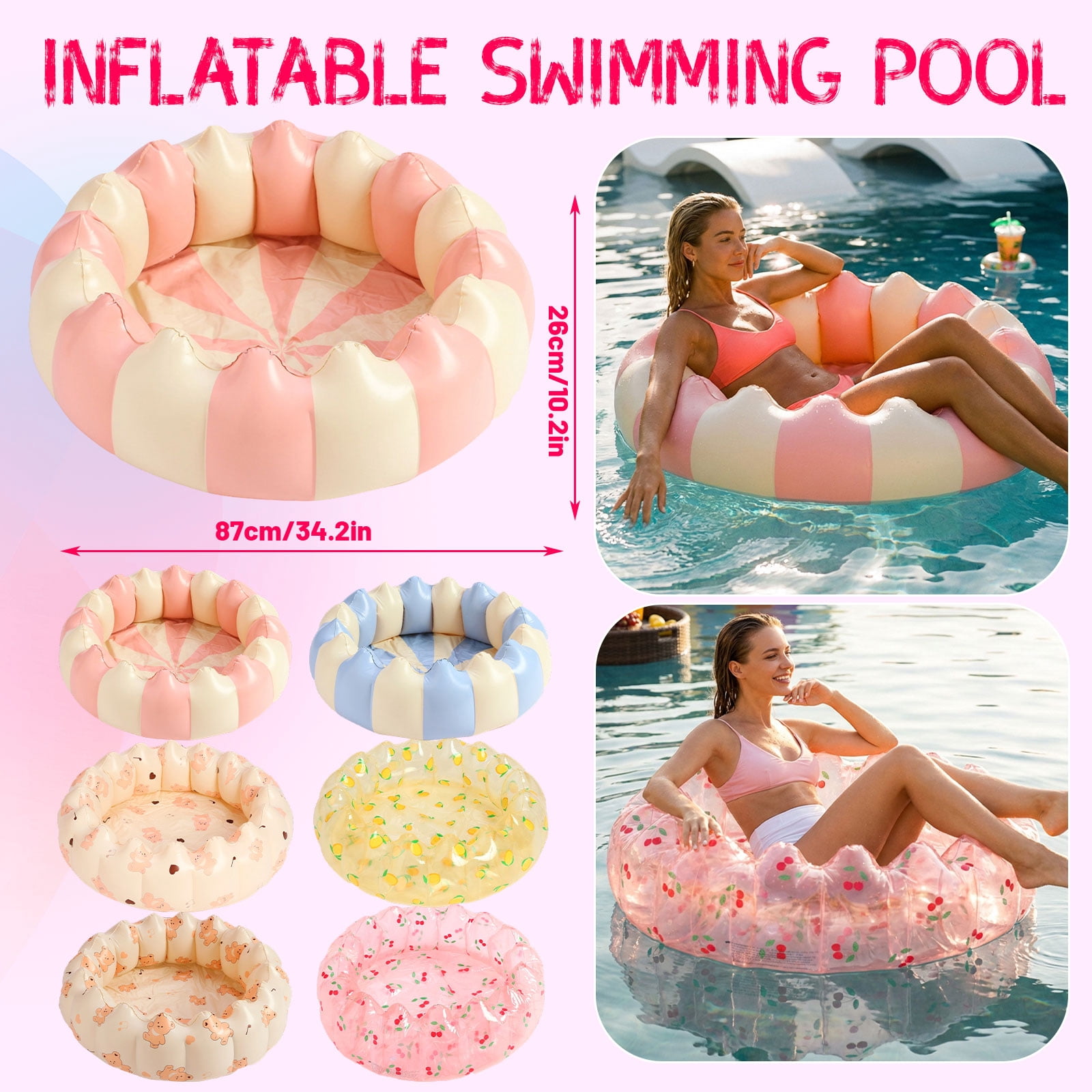 Decorr Inflatable Baby Pool, Portable Paddling Baby Swimming Pool for Toddlers Ages 0-3 Years Girls and Boys, Indoor& Outdoor, Garden and Backyard Summer Water Party, 34x10"(Pink & Beige Striped )