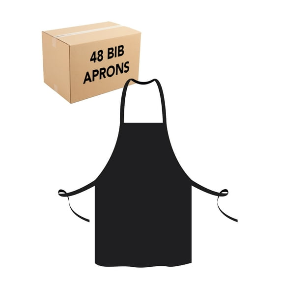 Arkwright Bib Aprons (Bulk Case of 48), For Cooking, Adjustable Ties, Knee-Length, Spun Polyester, Black