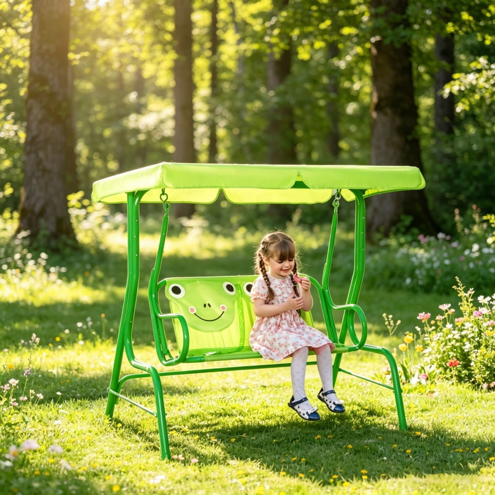 Green Double Seat Kids Swing Chair, 43.25" Steel Frame Swing with Adjustable Canopy, Safety Belts & Lion Design for 3-6 Years Old, 132 lbs Capacity
