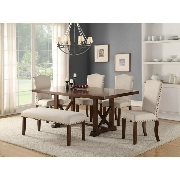 Contemporary Glamorous Classic Look 6pc Dining Set Mahogany Hues Dining Table Cream Upholstered Seat Chairs Bench W Accent Stud Kitchen Furniture Walmart Com Walmart Com