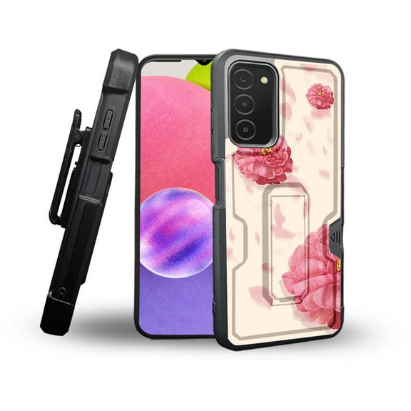 ANJ  Rugged Shockproof Holster Case Card Slot Kickstand   Tempered Glass Cover for Samsung Galaxy A03s - Roses Pedal