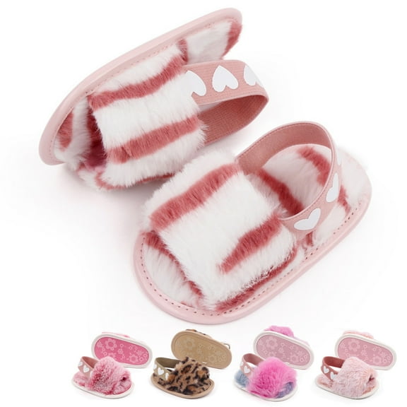 SYNPOS Baby Girl Shoes, Warm Plush Sandals, Open Toe, Stripe Pink, 0-6 Months