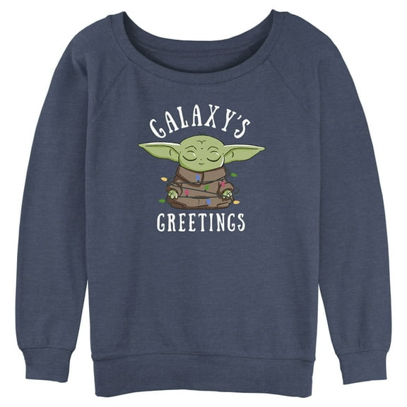 Junior's Star Wars: The Mandalorian Christmas Grogu Galaxy's Greetings Sweatshirt Blue Heather 2X Large