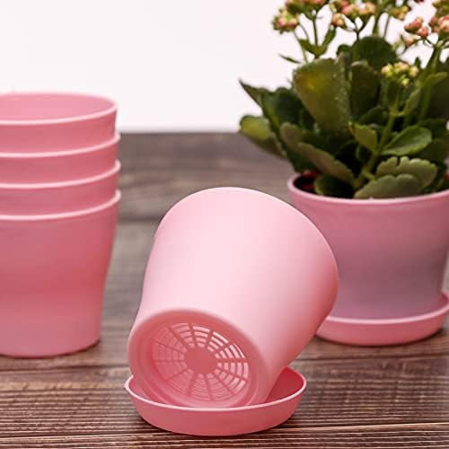 10 Pcs Plastic Planters Indoor Flower Plant Pots, Mini Flower Seedlings Nursery Pot/Planter/Flower Pot with Pallet, Modern Decorative Gardening Containers (Pink)