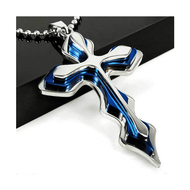 JKMG Cross Pendant Necklace Silver & Blue Stainless Steel Chain